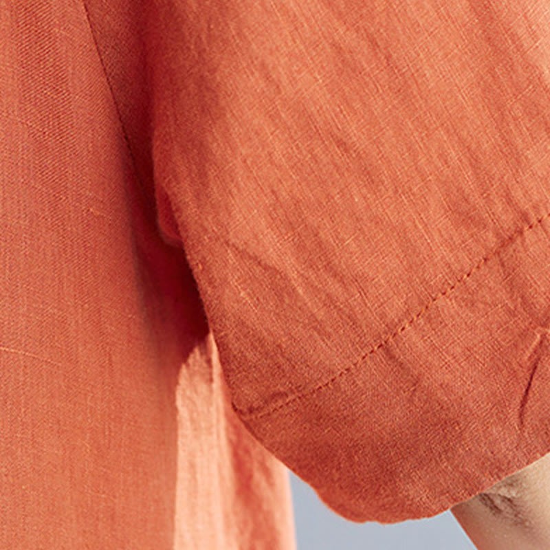 Casual Loose Solid Color Cotton Linen Crew Neck Half Sleeve Design Midi Dress With Pockets