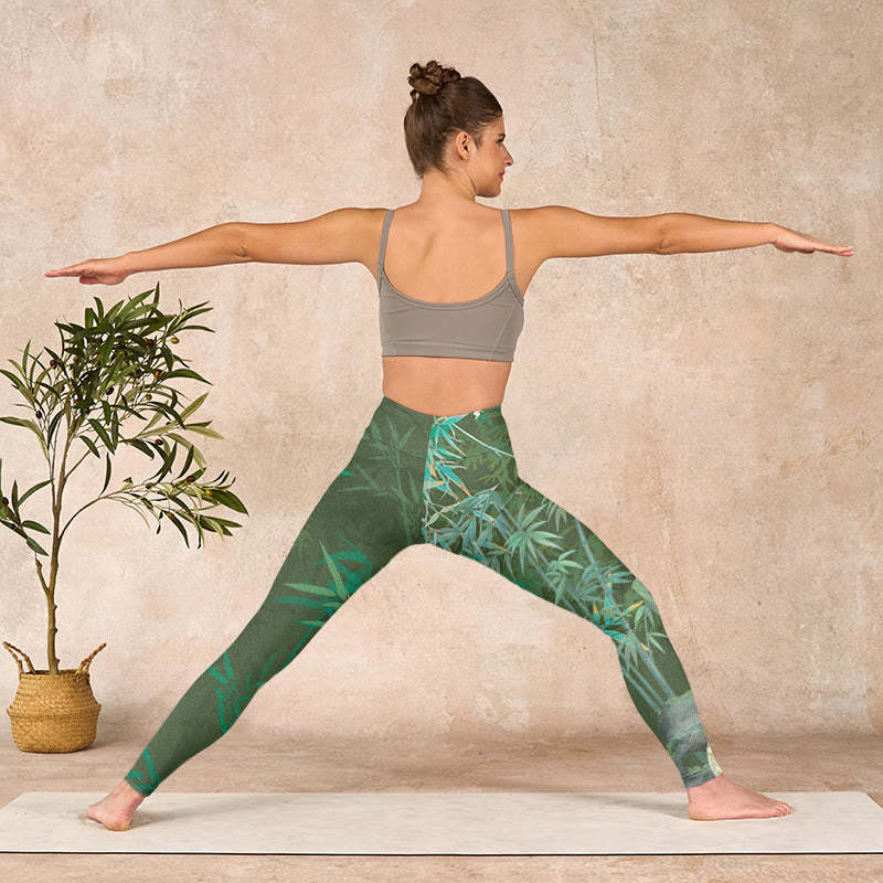 Green Bamboo Rock Flower Print Gym Leggings Women's Yoga Pants