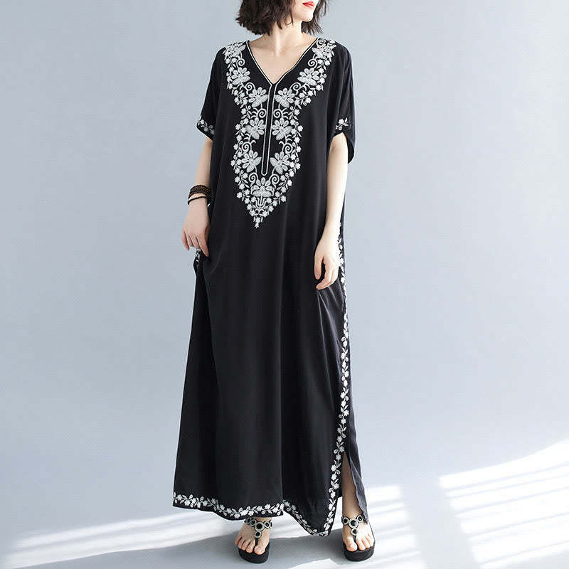 Summer Embroidery Flower V-Neck Short Sleeve Maxi Dress