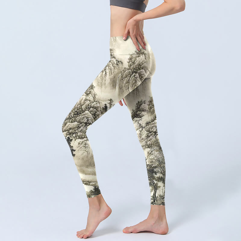 Mountain Tree River Scenery Print Sports Leggings Women's Yoga Pants