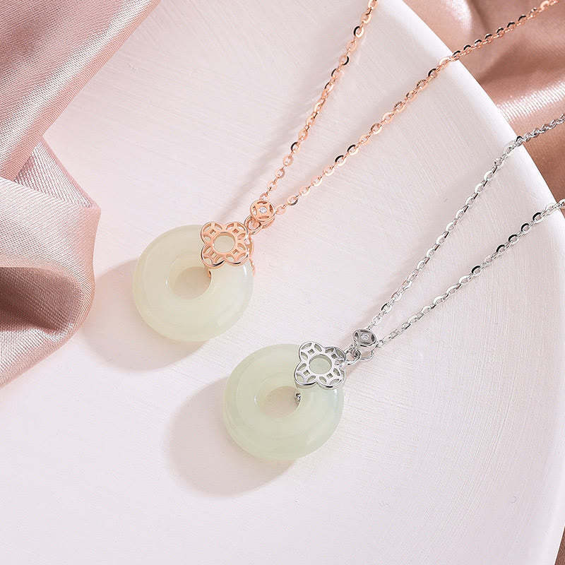 925 Sterling Silver Natural Hetian White Jade Chalcedony Coin Peace Buckle Luck Necklace Pendant