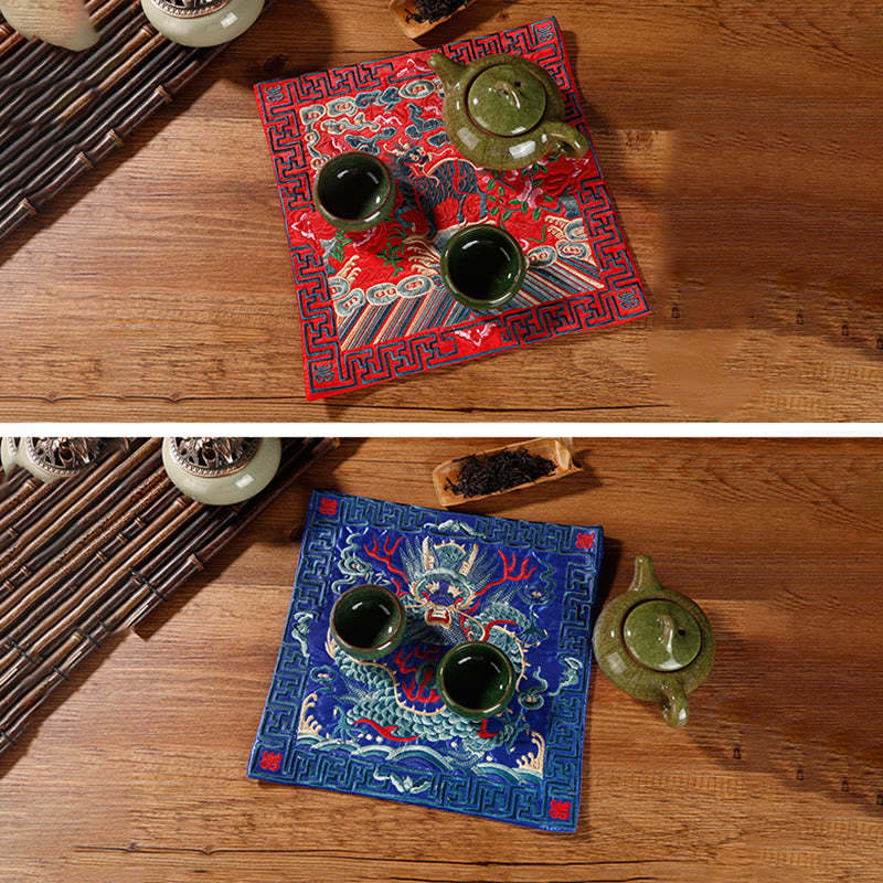 Crane Phoenix Dragon Kirin Embroidered Cup Mat Pad Tea Cup Coaster Square Kung Fu Tea Mat