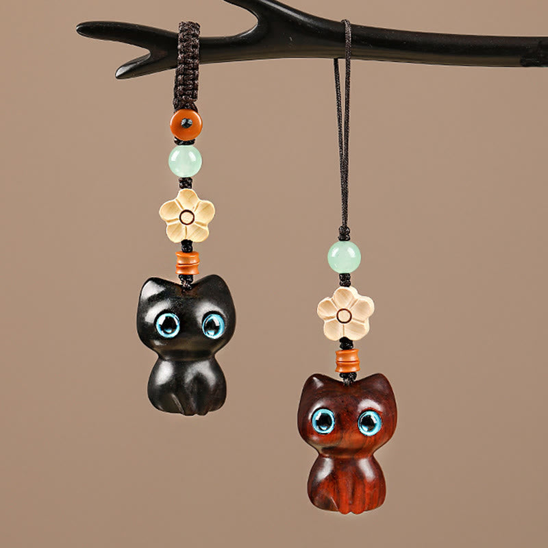 Mini Small Leaf Red Sandalwood Ebony Wood Lucky Cat Lovely Kitty Peace Key Chain Phone Hanging Decoration