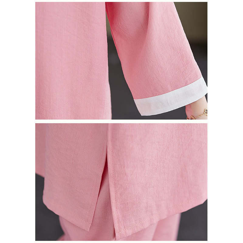 2Pcs Vintage Long Sleeve Shirt Top Pants Meditation Zen Tai Chi Cotton Linen Clothing Women's Set