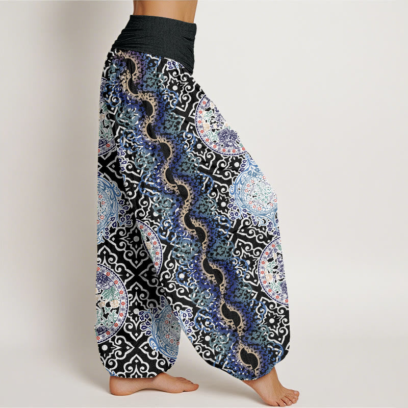 Round Diamond Shape Chinese Floral Design Women's Elastic Waist Harem Pants