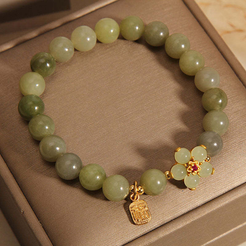 Green Jade Flower Fu Character Charm Luck Bracelet