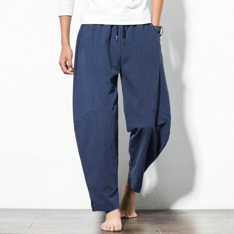 Casual Men's Solid Color Linen Drawstring Pants With Pockets