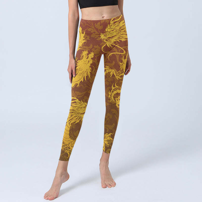 Golden Dragon Flowers Print Gym Leggings Women's Yoga Pants