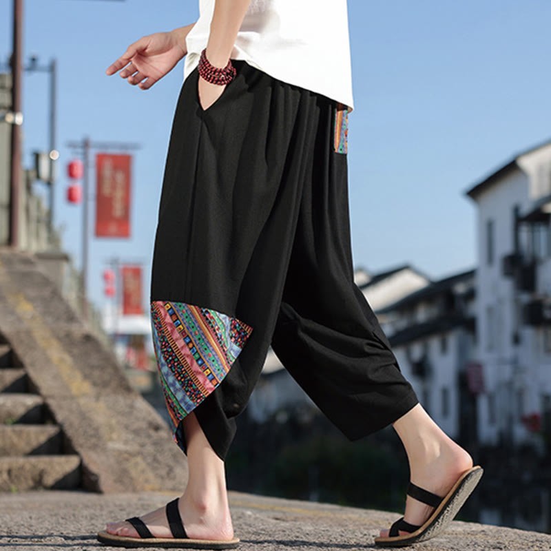 Bohemian Patchwork Pattern Cotton Drawstring Men's Wide Leg Pants With Pockets