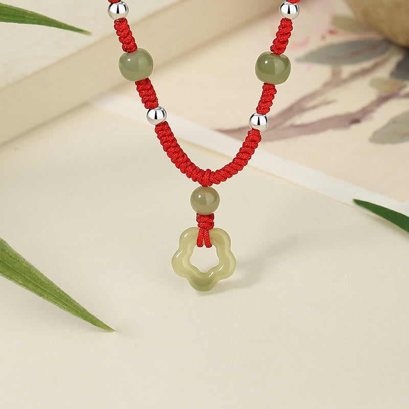 925 Sterling Silver Natural Hetian Cyan Jade Flower Pentagram Luck Red Rope Necklace Pendant Bracelet Set