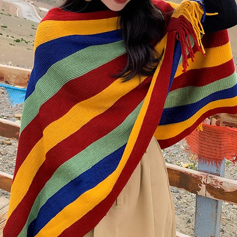 Tibetan Colorful Striped Design Shawl Tassels Pullover Winter Cozy Travel Scarf Wrap