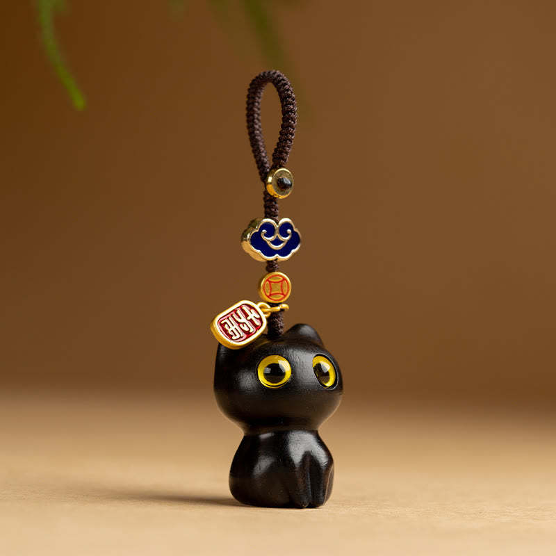 Small Leaf Red Sandalwood Ebony Wood Lucky Cat Protection Key Chain Phone Hanging Decoration