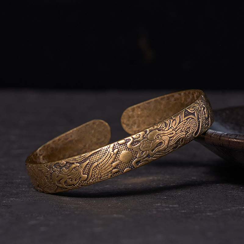 Dragon And Phoenix Playing With A Pearl Carved Copper Brass Luck Protection Bracelet Bangle
