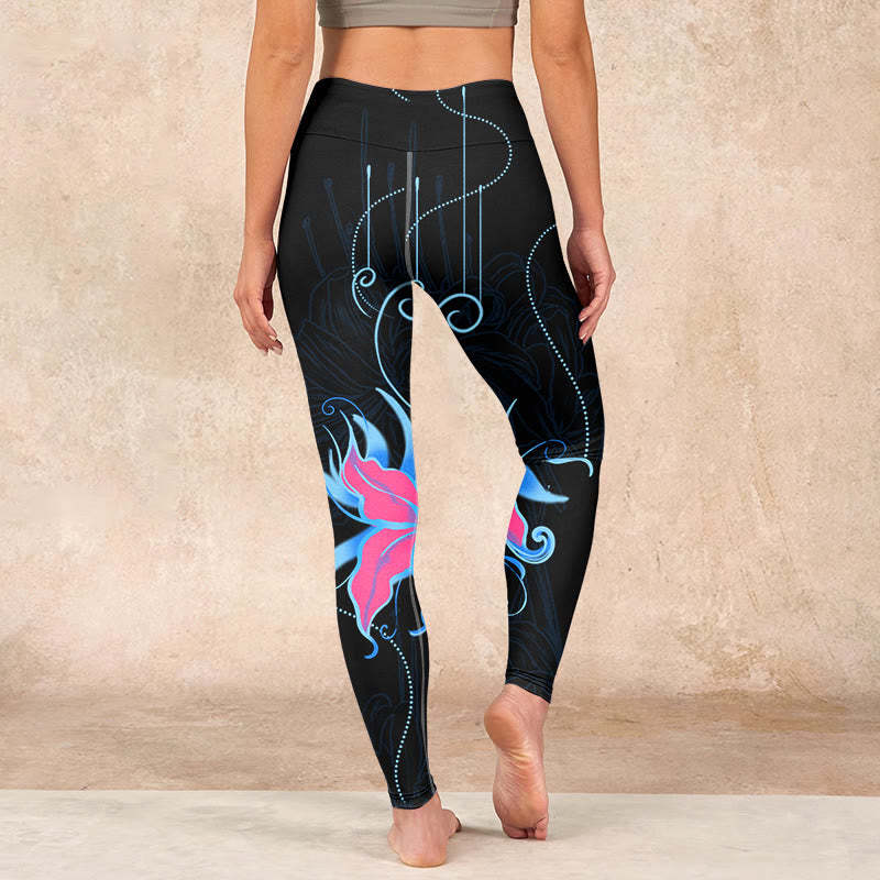 Black Pink Blue Flowers Print Fitness Leggings Women's Yoga Pants