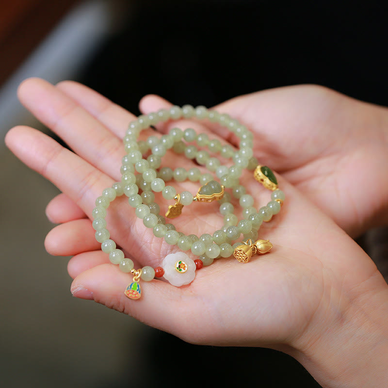 925 Sterling Silver Plated Gold Natural Hetian Jade Bead Gourd Lotus Bamboo Fu Character Luck Bracelet