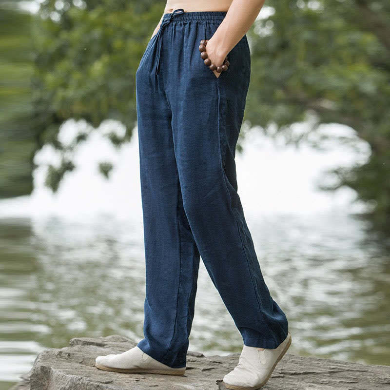 Solid Color Linen Men's Wide Leg Pants With Pockets