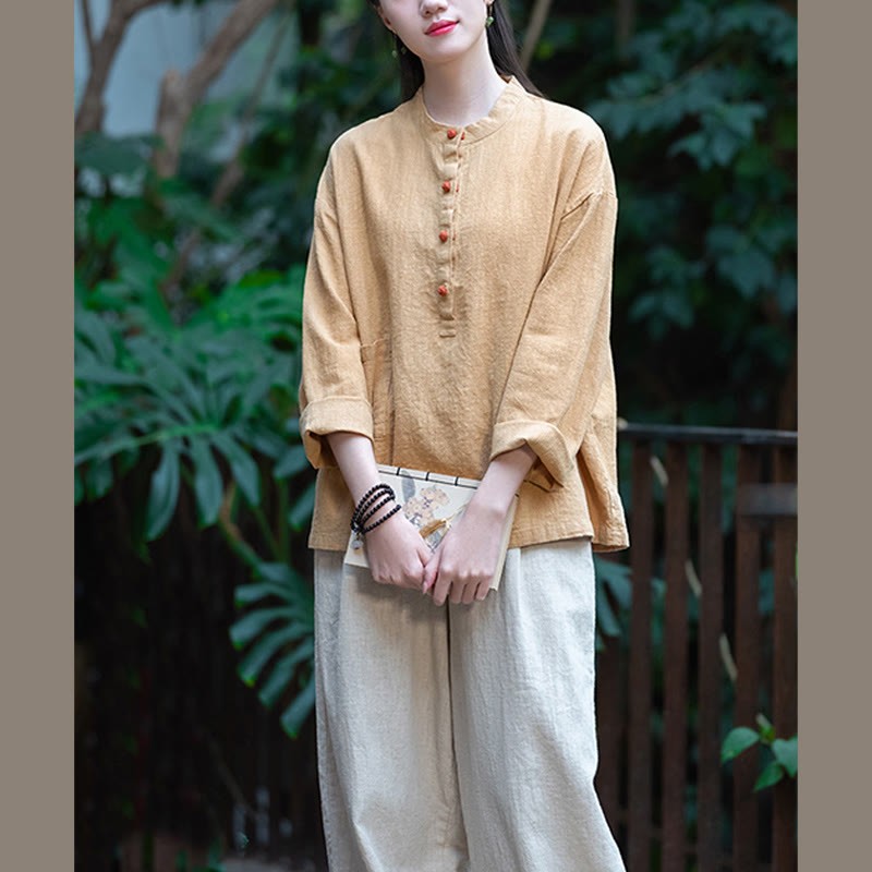 Solid Color Loose Button Blouse Long Sleeve Shirt Top
