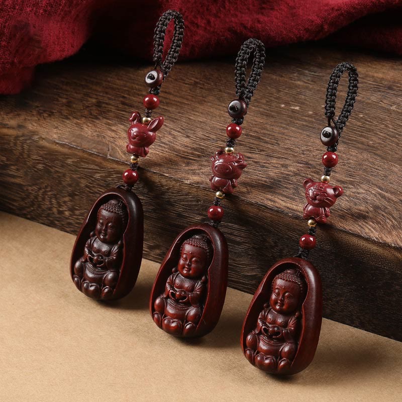 Small Leaf Red Sandalwood mystic zen Cinnabar Chinese Zodiac Amulet Protection Key Chain