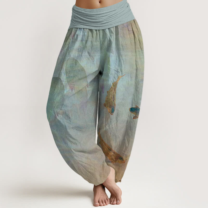 Koi Fish Leaves Pattern Women's Elastic Waist Harem Pants