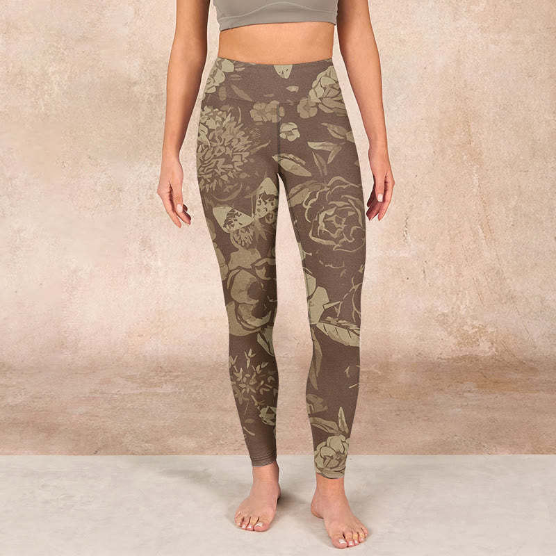 Peony Flowers Leaves Blossom Print Gym Fitness Leggings Women's Yoga Pants