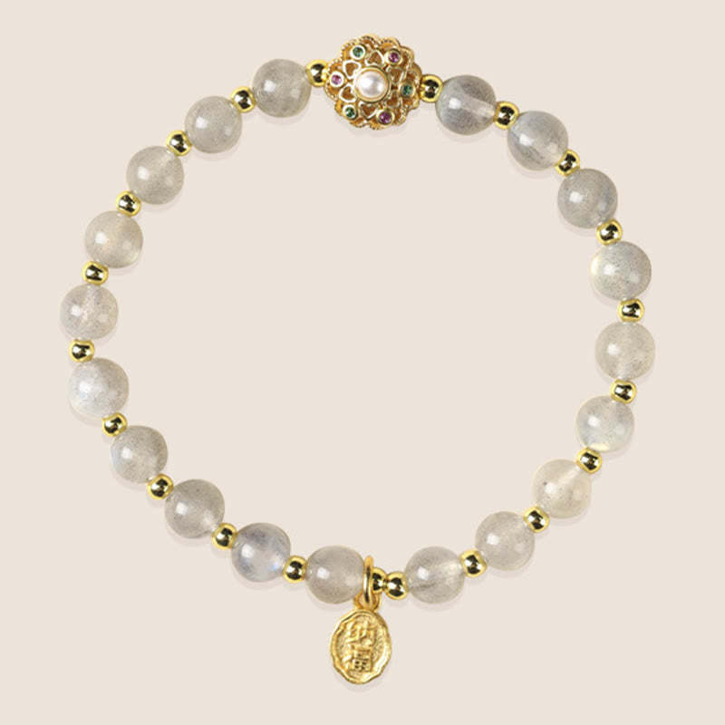 14K Gold Plated Natural Strawberry Quartz Labradorite Sun Stone Fu Character Positive Charm Bracelet