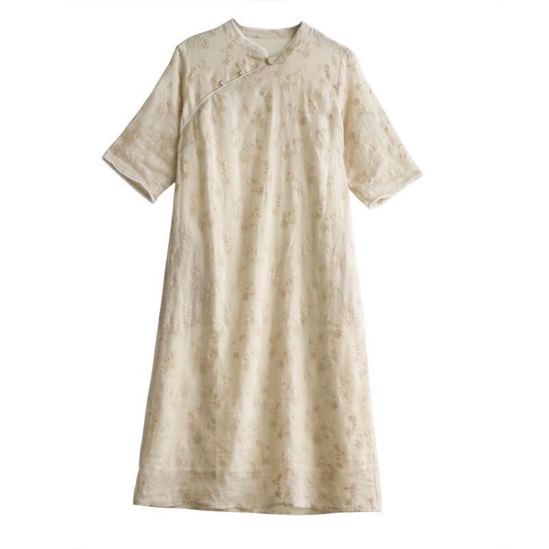 Casual Embroidered Slant Collar Stand Collar Half Sleeve Design Ramie Midi Dress With Pockets