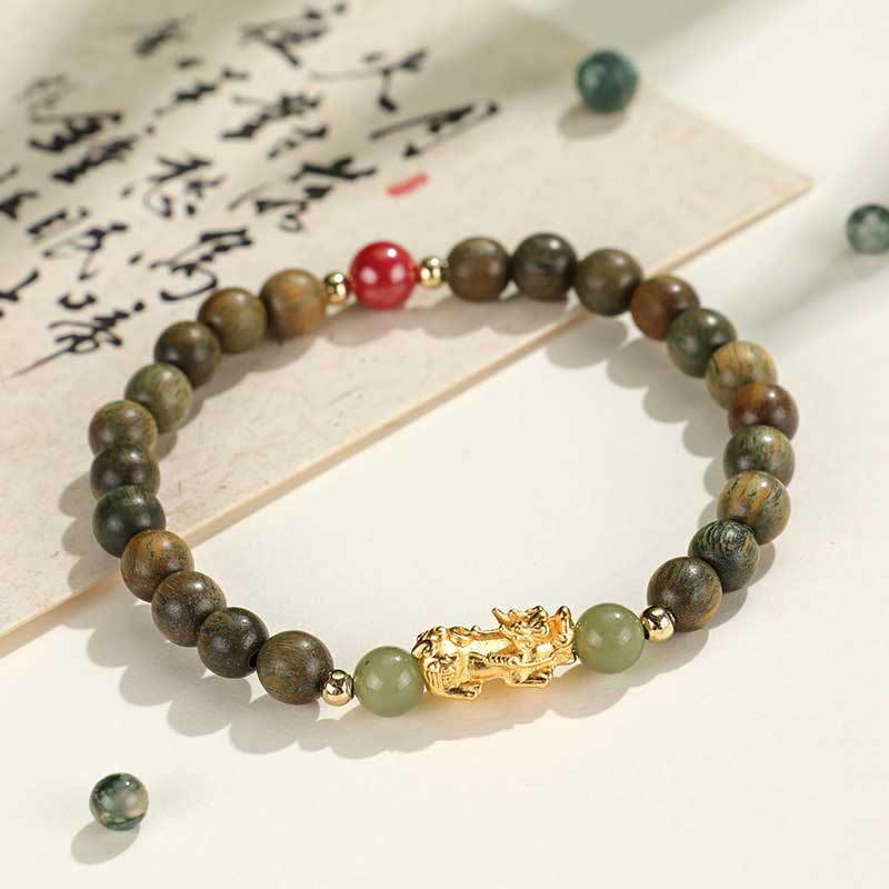 999 Sterling Silver Sandalwood Ebony Wood Small Leaf Red Sandalwood Hetian Jade Cinnabar PiXiu Wealth Bracelet