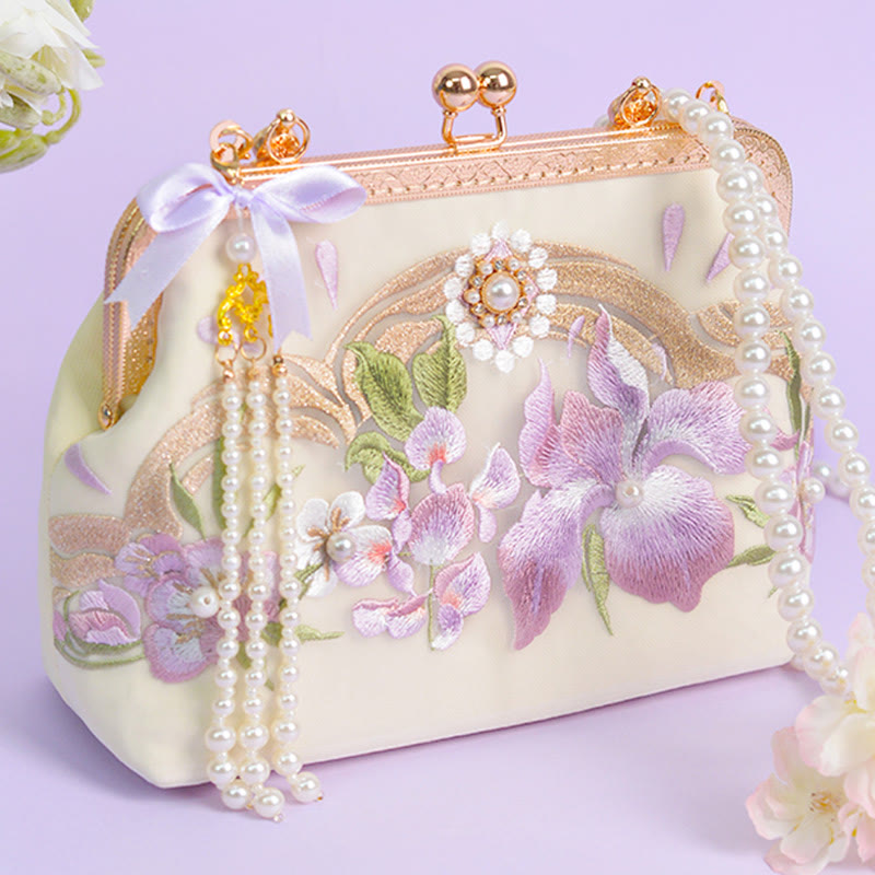 Flowers Embroidered Tassel Pendant Pearl Metal Chain Crossbody Bag Handbags