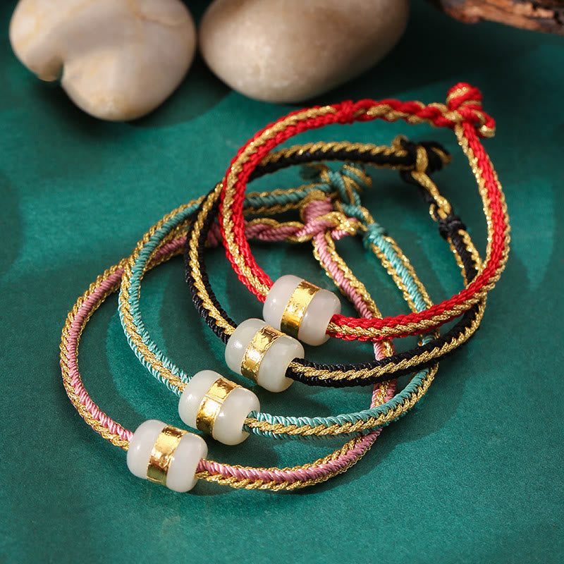 999 Gold Hetian White Jade Om Mani Padme Hum Fu Character Luck Braided Bracelet