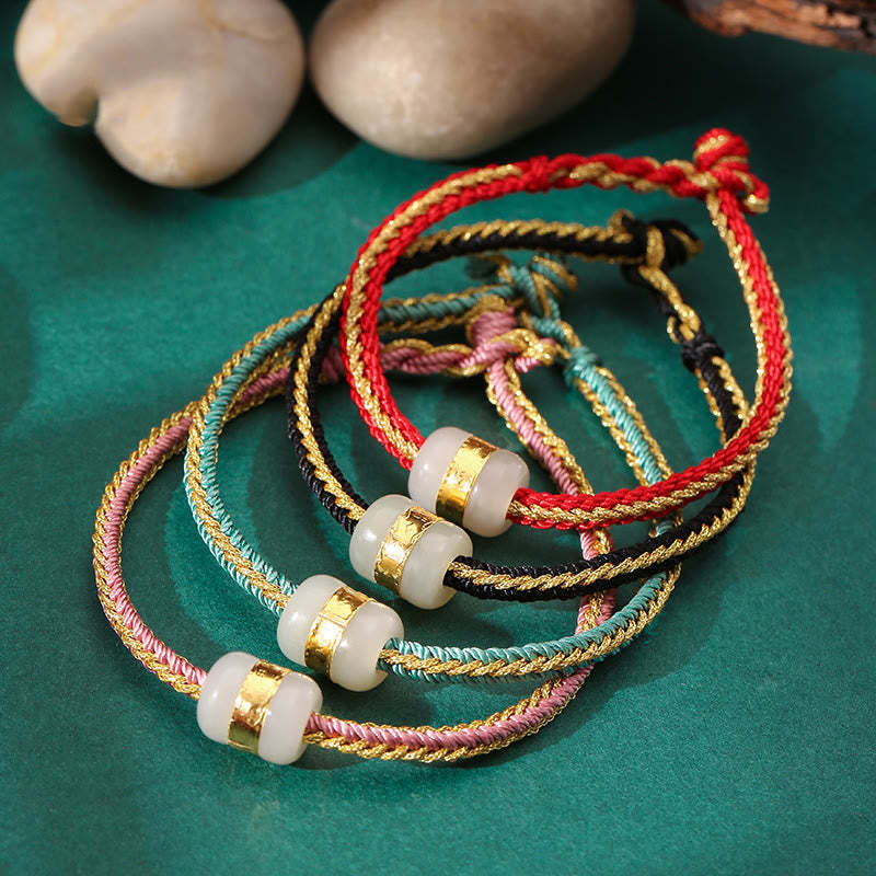 999 Gold Hetian White Jade Om Mani Padme Hum Fu Character Luck Braided Bracelet