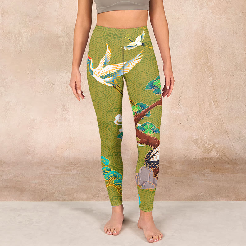 Flying Cranes Auspicious Clouds Trees Print Gym Leggings Women's Yoga Pants