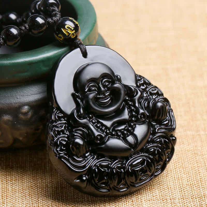Laughing mystic zen Black Obsidian Strength Protection Pendant Necklace