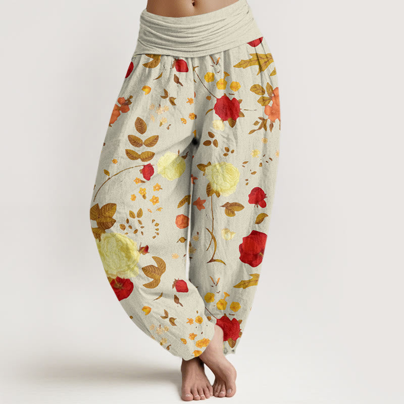 Rose Flowers Leaves Totem Pattern Women's Elastic Waist Harem Pants