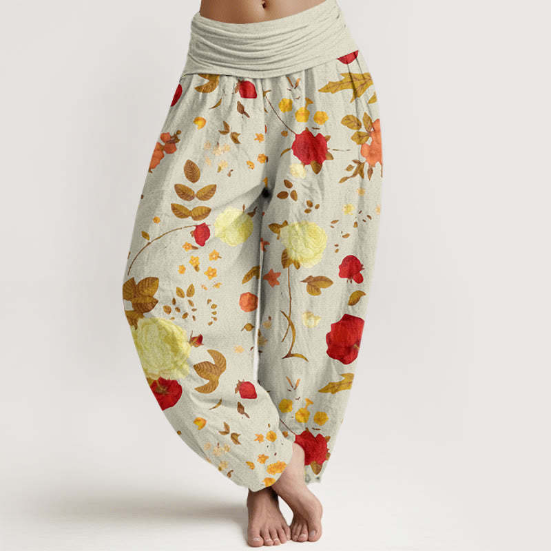 Rose Flowers Leaves Totem Pattern Women's Elastic Waist Harem Pants