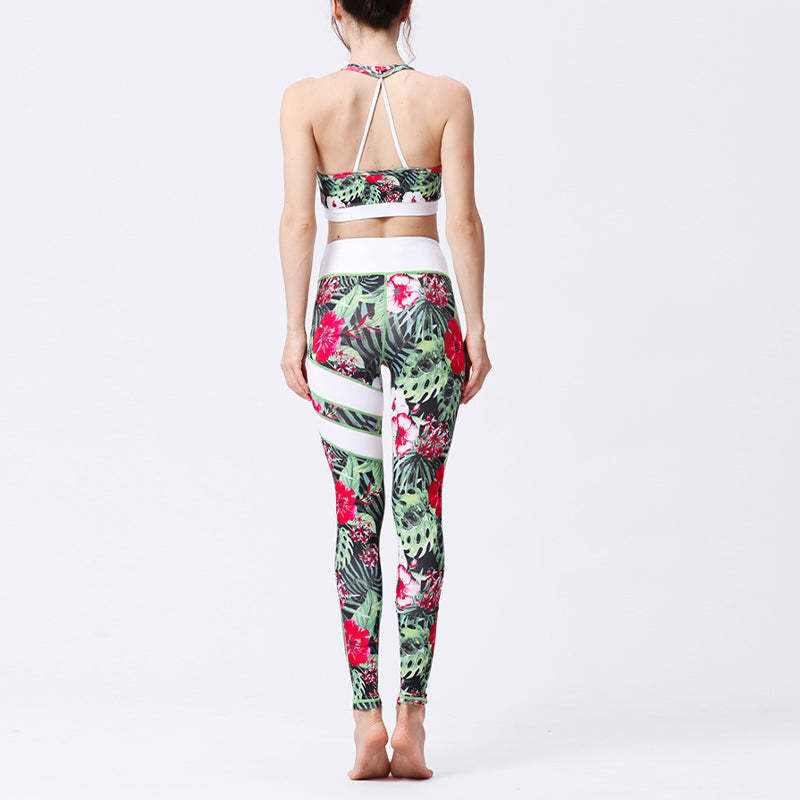 2Pcs Sunflower Flowers Leaves Print Top Pants Sports Fitness Yoga Women's Yoga Sets