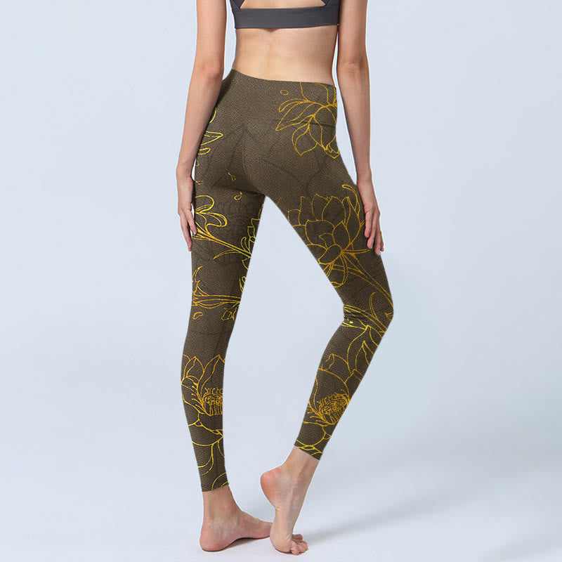 Yellowish Brown Lotus Flower Lotus Leaf Print Gym Leggings Women's Yoga Pants