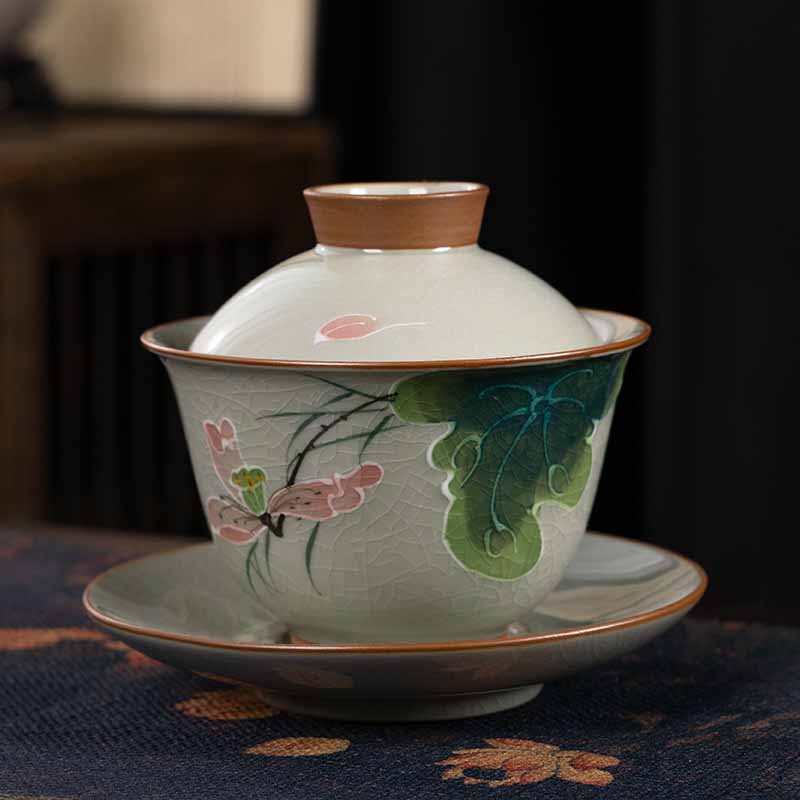 Lotus Koi Fish Pod Leaf Ceramic Gaiwan Sancai Teacup Kung Fu Tea Cup And Saucer With Lid 140ml