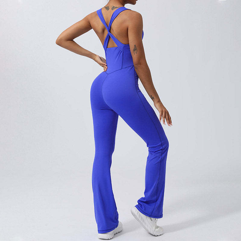 Women Workout Crisscross Sleeveless Flare Jumpsuit Sports Fitness Yoga Bodysuit