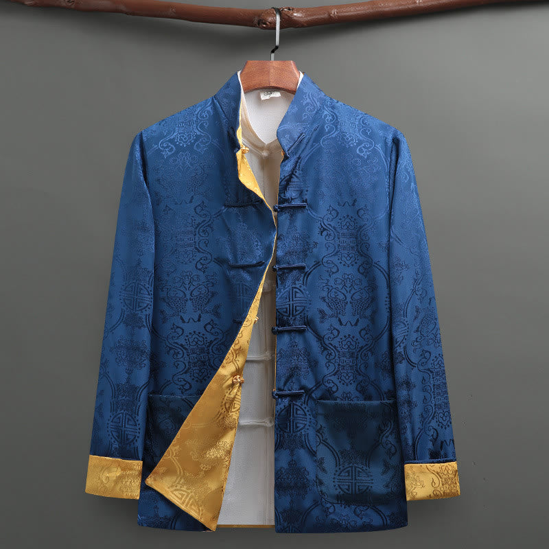 Men's Frog-Button Tang Suit Koi Fish Pattern Long Sleeve Jacket Shirt With Pockets