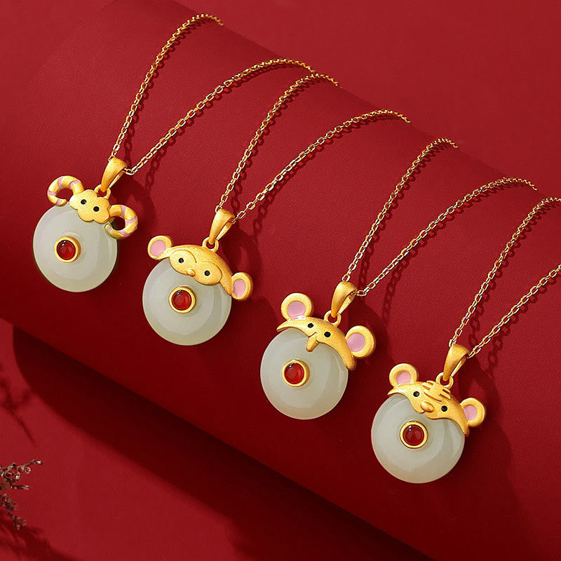 925 Sterling Silver Hetian Jade Chinese Zodiac Year of the Dragon Red Agate Luck Protection Necklace Pendant (Extra 30% Off | USE CODE: FS30)