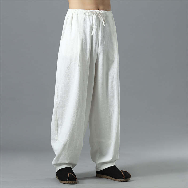 Casual Solid Color Drawstring Cotton Linen Men's Pants With Pockets