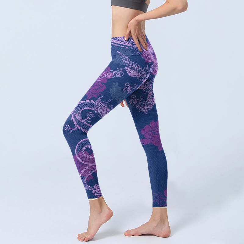 Purple Dragon Phoenix Flowers Print Gym Leggings Women's Yoga Pants