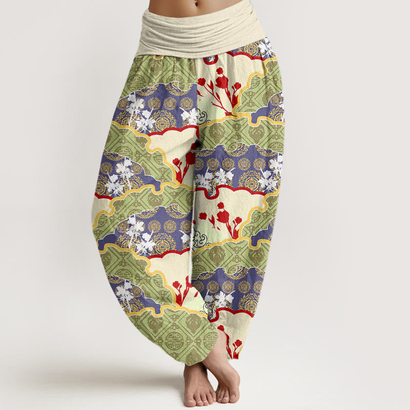 Chinese Fan-shaped Diamond Pattern Design Women's Elastic Waist Harem Pants