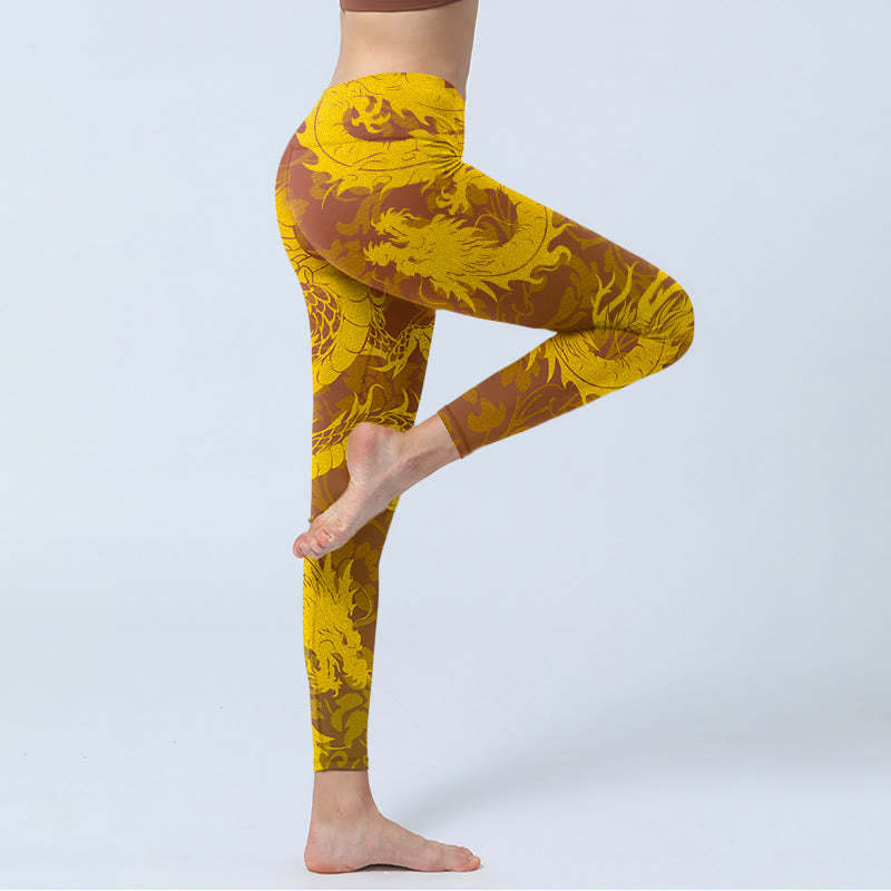 Golden Dragon Flowers Print Gym Leggings Women's Yoga Pants