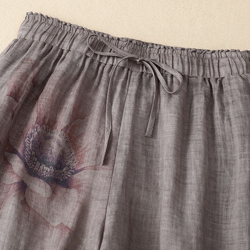 Floral Print High Waist Cotton Linen Drawstring Wide Leg Pants With Pockets