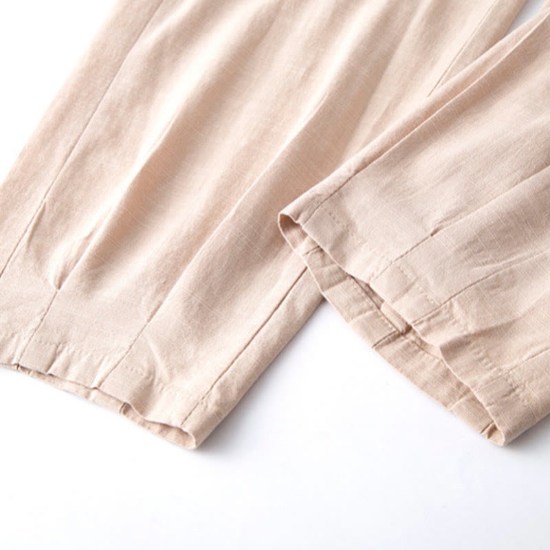 Casual Frog-button Plain Women's Cotton Linen Pants With Pockets