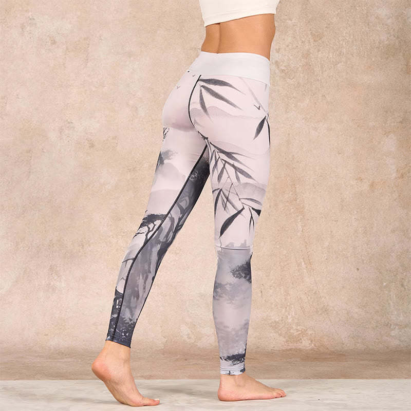 Ink Bamboo Pine Mountains Print Gym Leggings Women's Yoga Pants