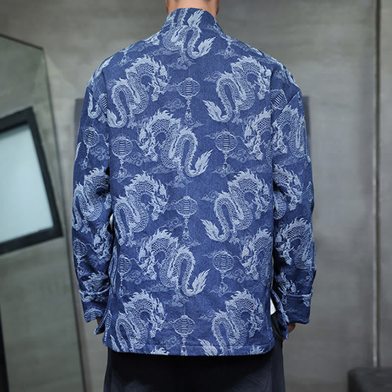 Chinese New Year Jacquard Embroidery Dragon Lantern Frog-button Tang Suit Cotton Men's Jacket Shirt With Pockets