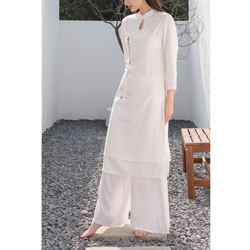2Pcs Lotus Pattern Tai Chi Meditation Yoga Cotton Linen Clothing Top Pants Women's Set