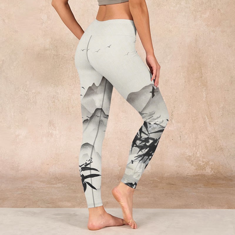 Ink Bamboo Mountains Print Gym Leggings Women's Yoga Pants